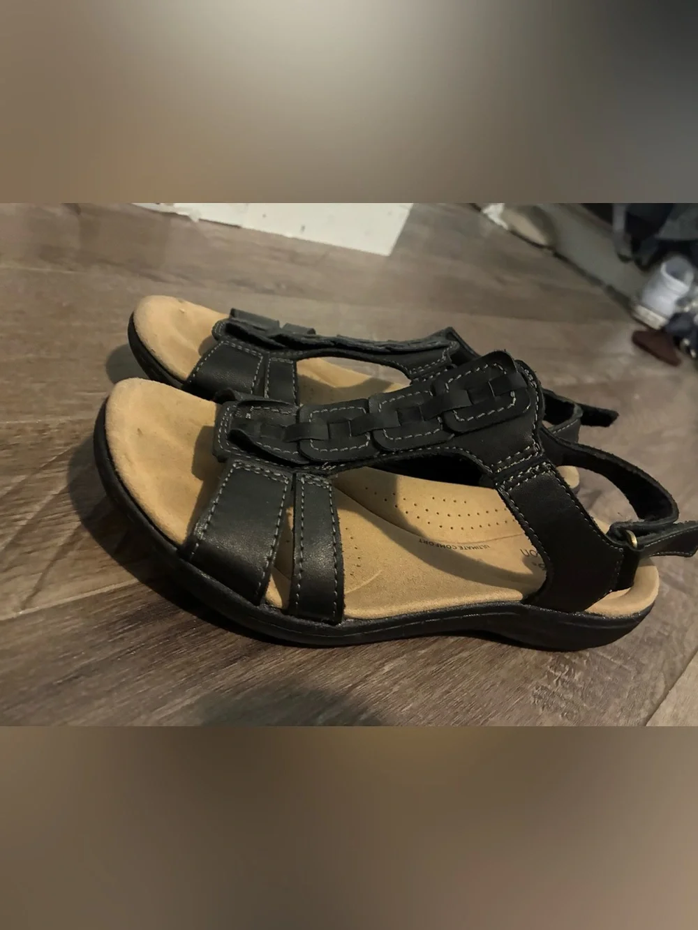 Clarks Black Strap Sandals with Tan Footbed
